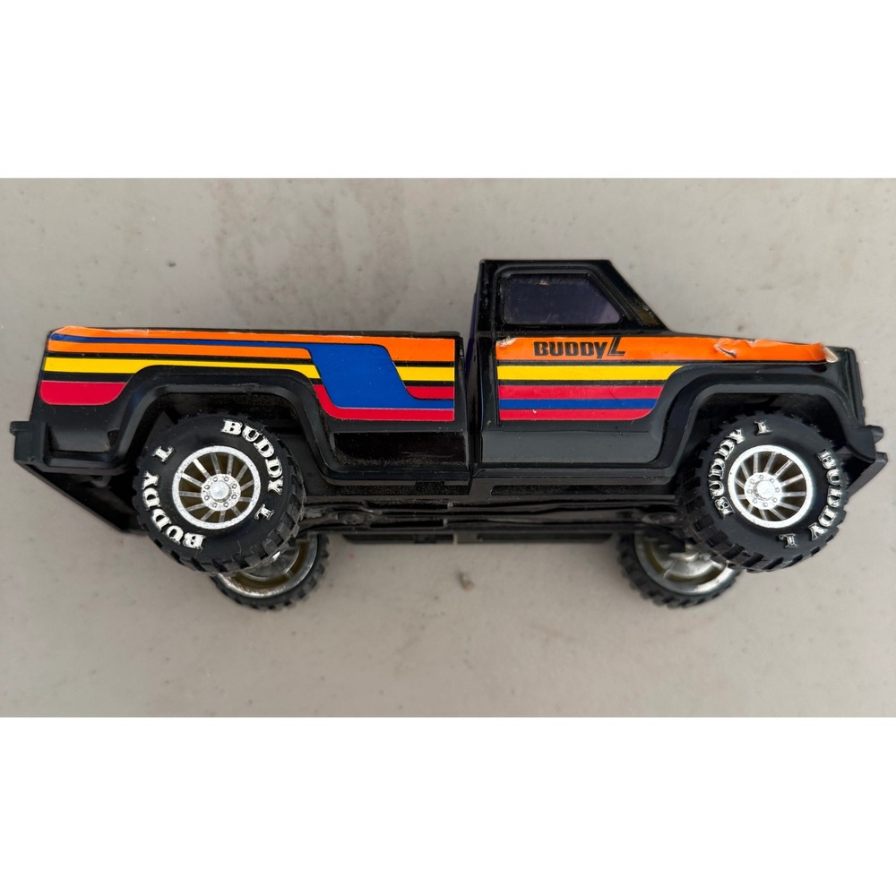 Vintage Buddy L Black‎ Pickup Truck with Racing Stripes and Branded Tires